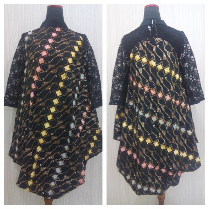 Baju Wanita Pesta Dress Batik Tunik Parang Batik Katun Kombinasi Brokat
